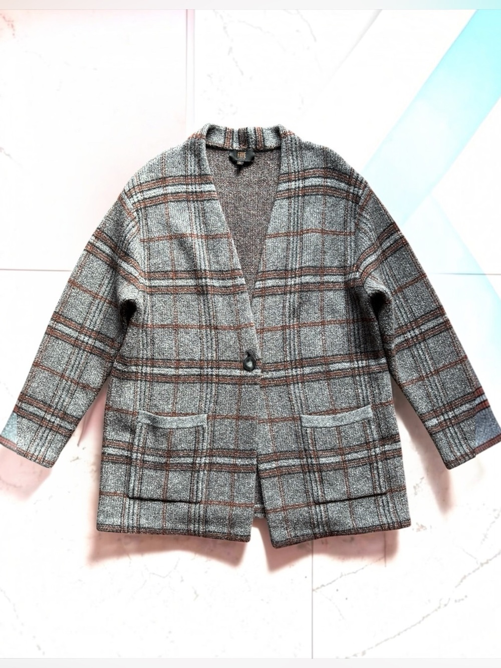 Frye Plaid Wool Blend Sweater Jacket Gray Burgundy | Size XL